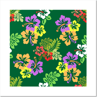 Colorful Hibiscus Flowers in Green Posters and Art